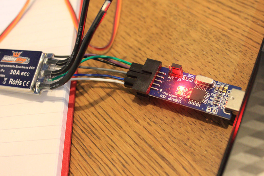 ESC connected to the laptop via a USB AVR Programmer